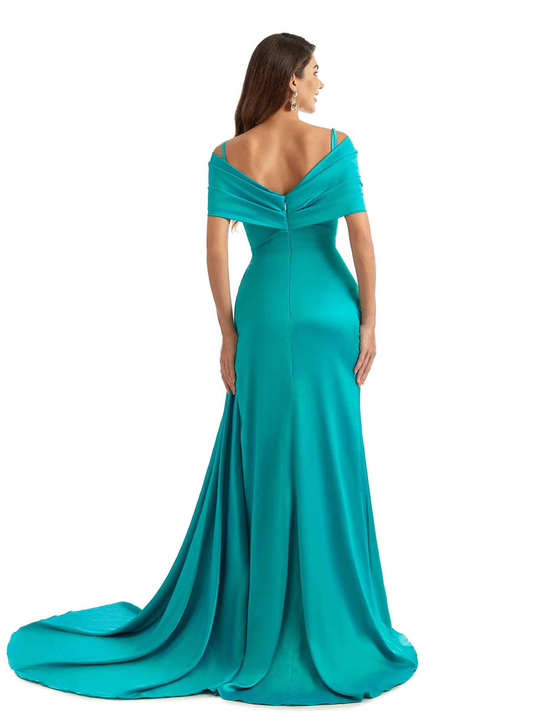 robe de soirée en satin à épaules dénudées fente Robe de demoiselle d'honneur longue