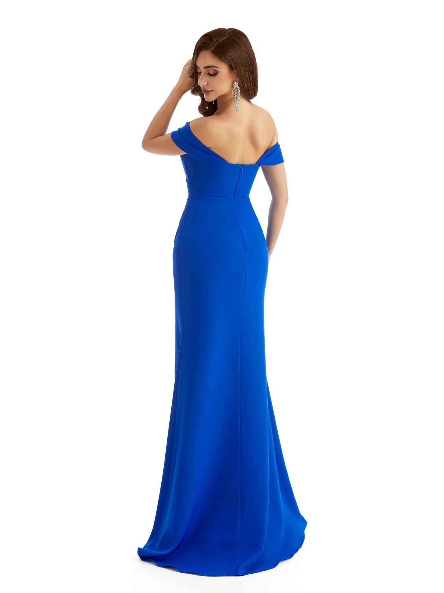 Robe de demoiselle d'honneur longue en crêpe extensible à épaules dénudées fente