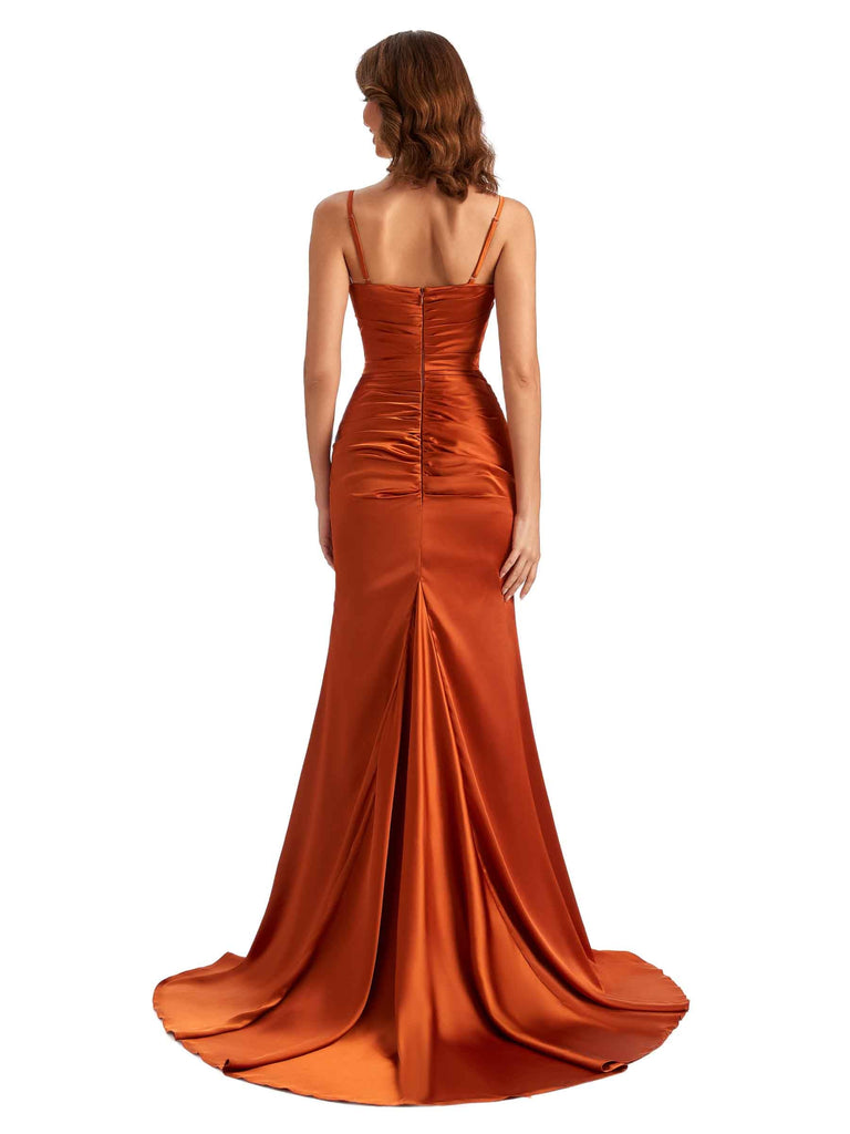 Robe de soirée de mariage en Satin soyeux sexy fente sirène bretelles Spaghetti col en V