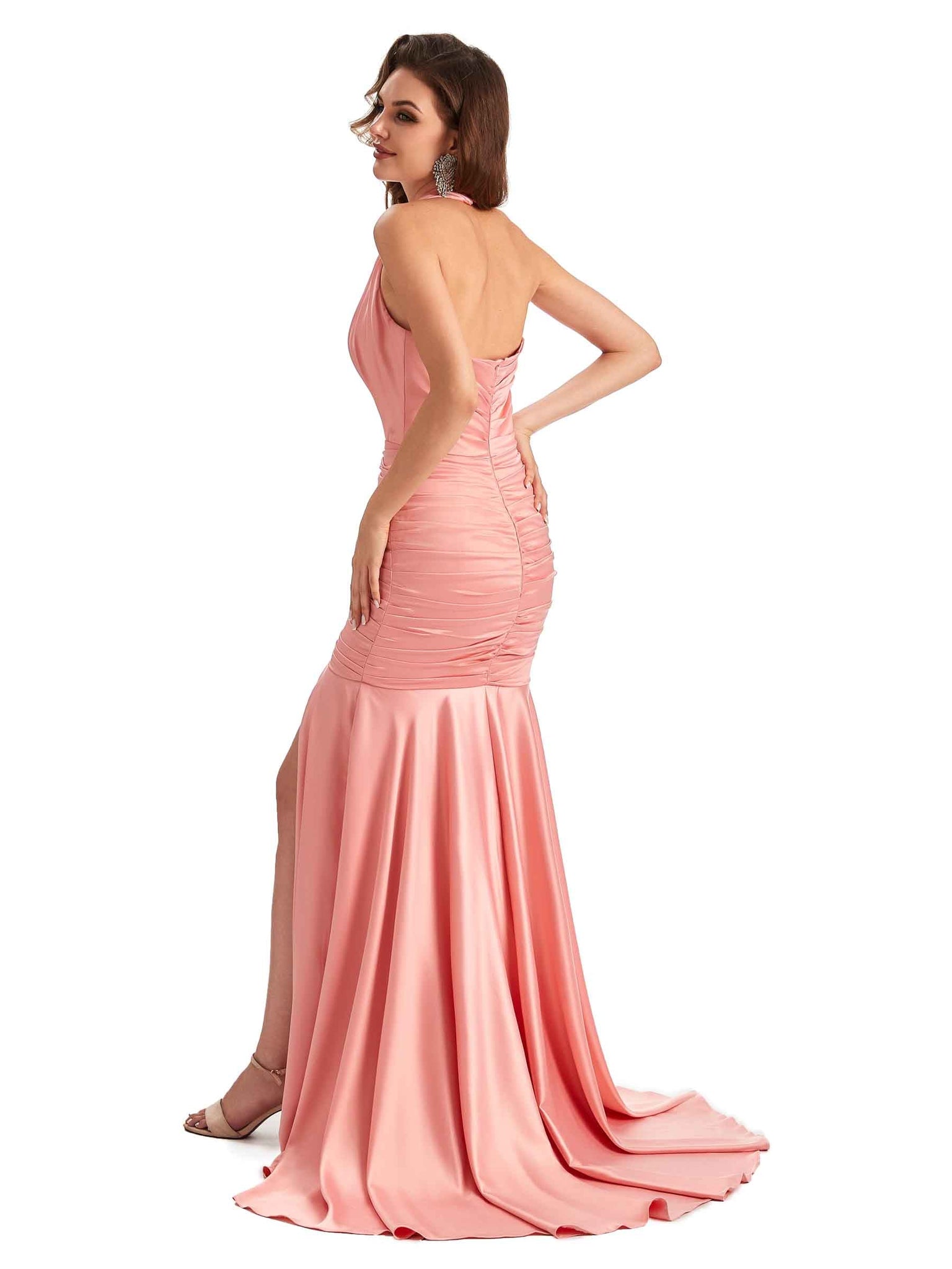 Robe longue sexy en satin doux col en V pour invité de mariage robe cocktail rose