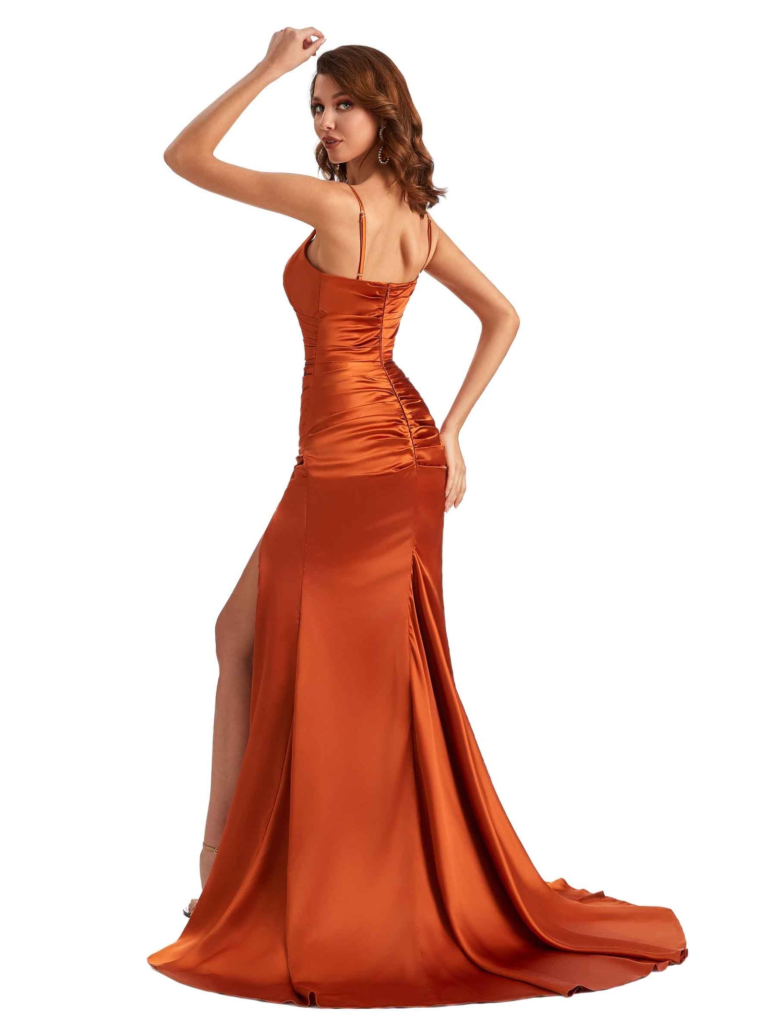 Robes invitée mariage soirée Satin sirène sexy fente bretelles Spaghetti col en V sans manches