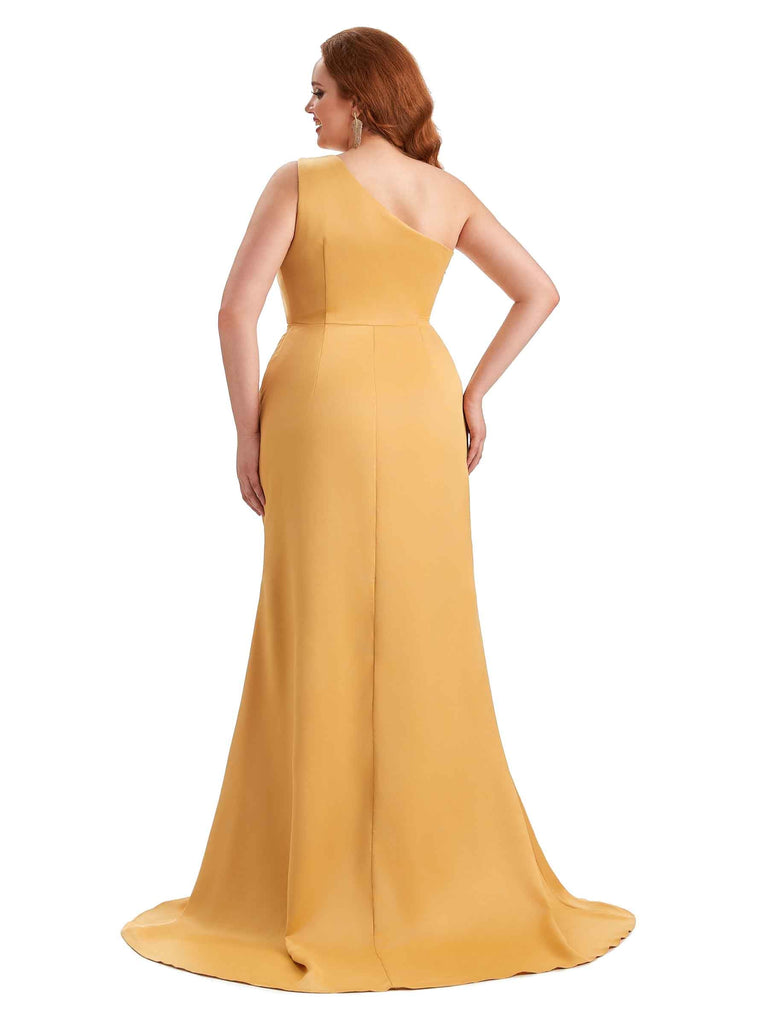 Sexy Unique Une Épaule Fente Sirène Doux Satin Longue Grande Taille Robes De Demoiselle D'honneur