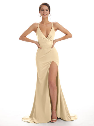 Champagne Sexy Chic Soyeux Doux Satin Sirène Longue Robes Demoiselle D'honneur