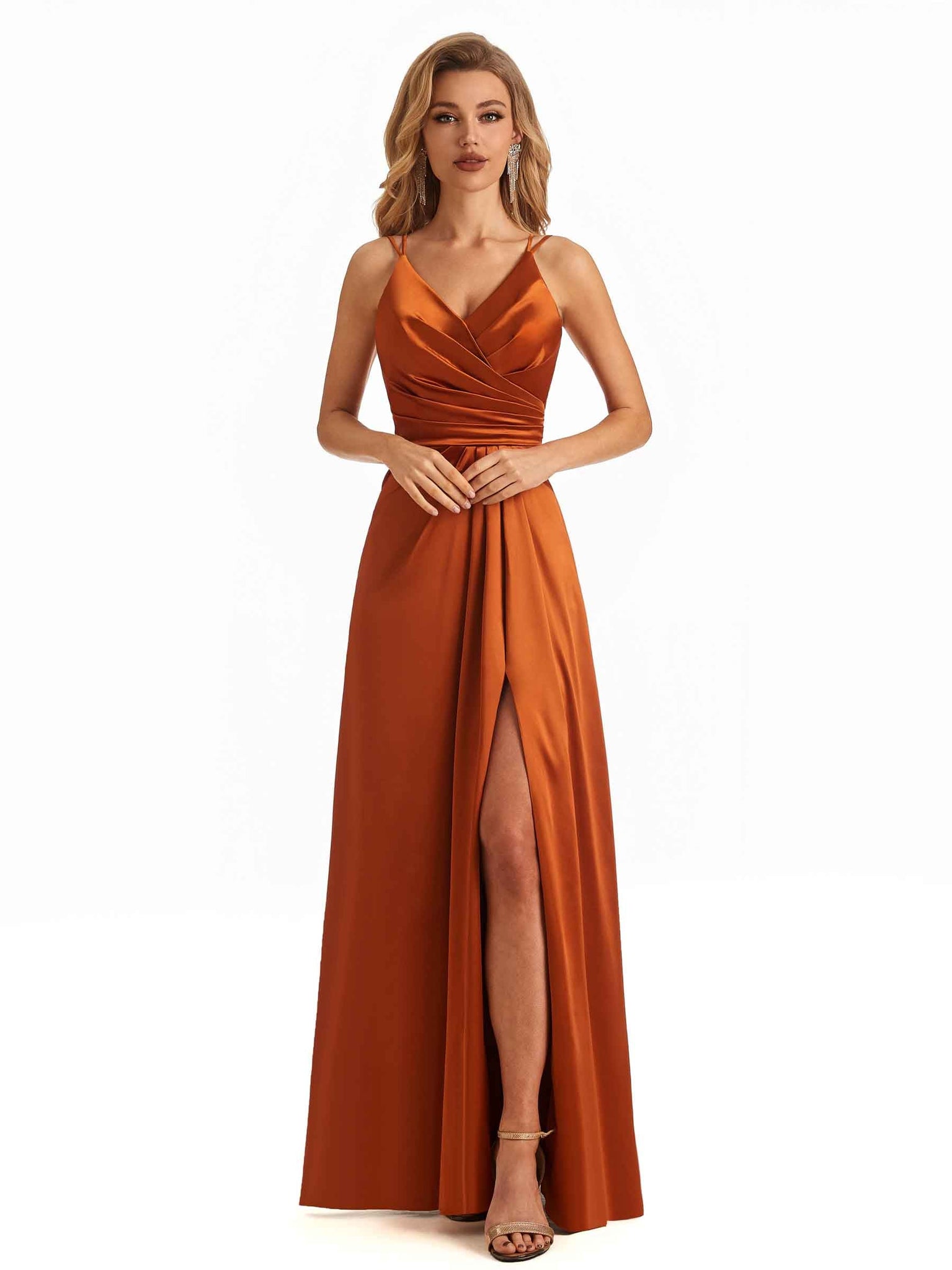 Col en V fente Robes demoiselle d'honneur longues en satin doux ligne A bretelles spaghetti