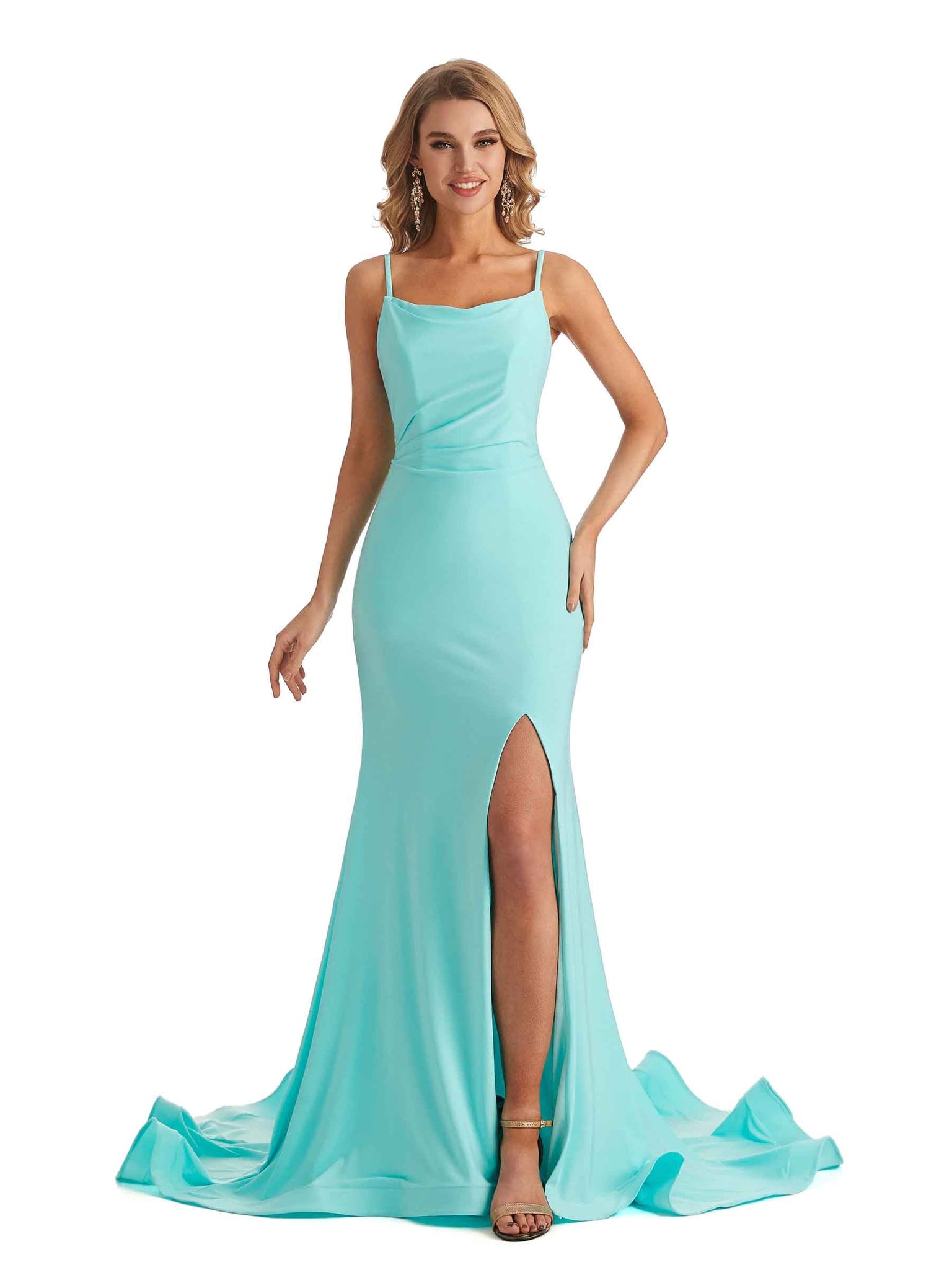 Robe longue d'invité de mariage jersey sexy dos nu bretelles spaghetti