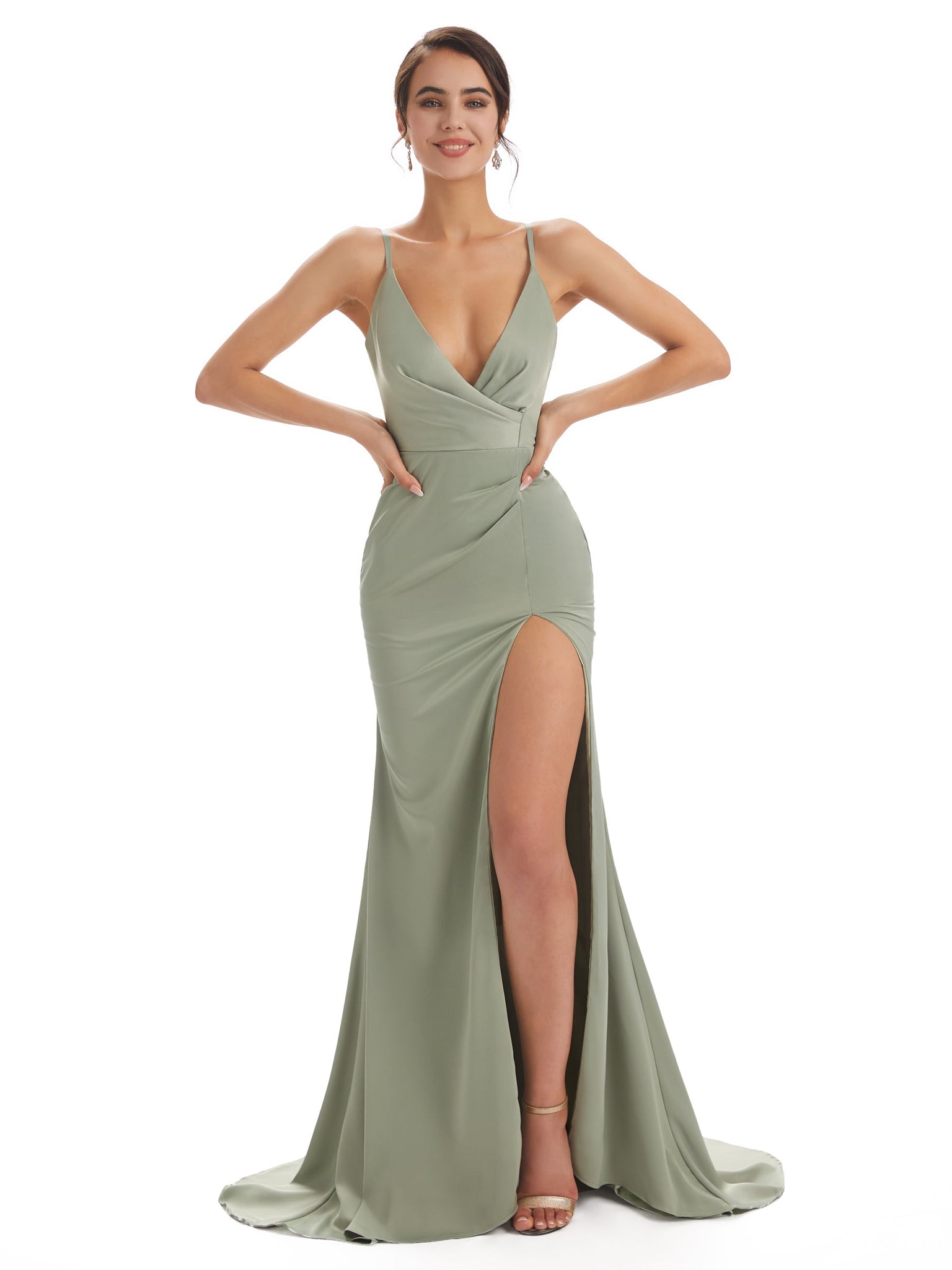 Robe invitée mariage sirène sexy satin doux fente col en V fendue