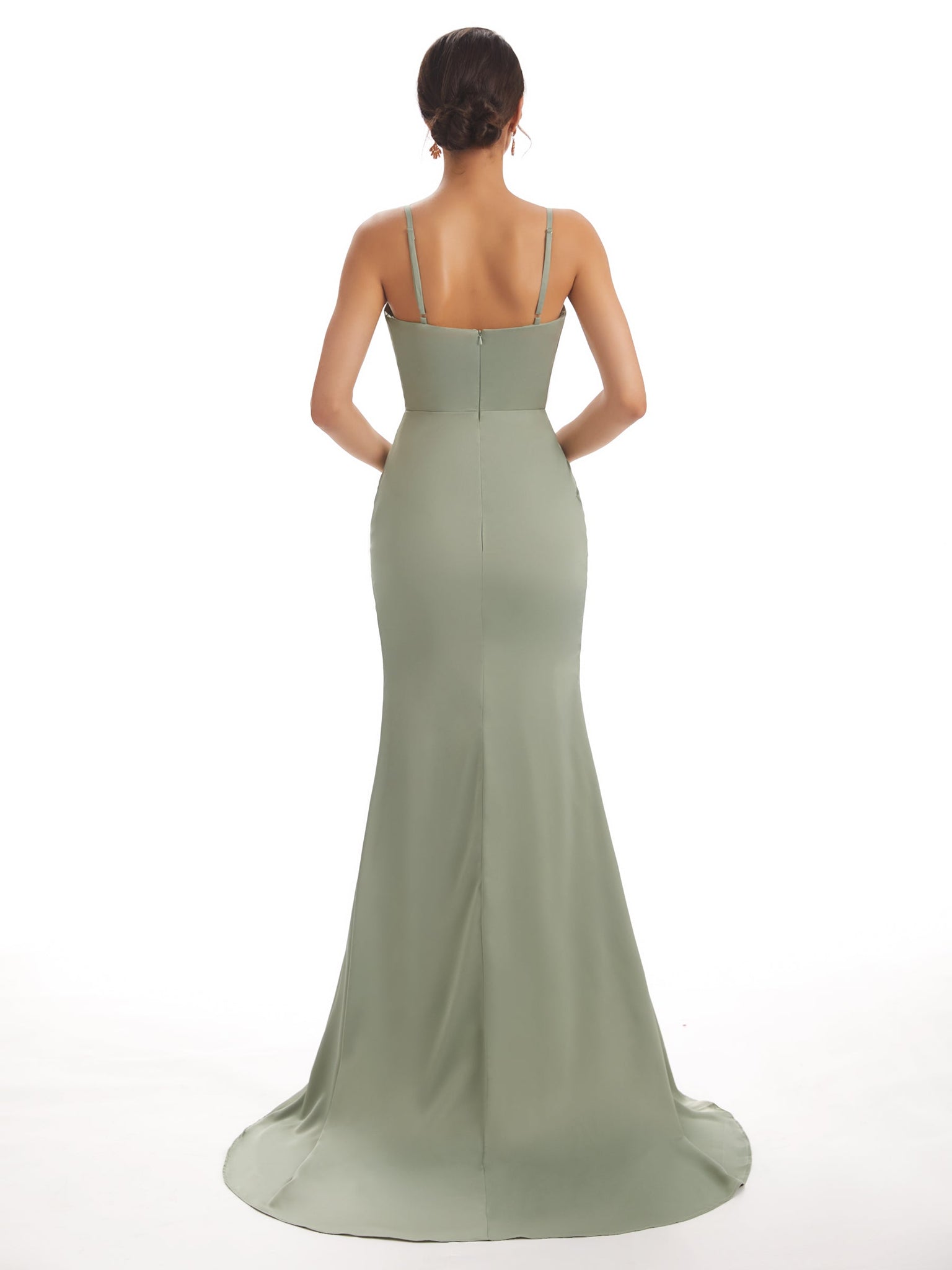 Robe invitée mariage sirène sexy satin doux fente col en V fendue