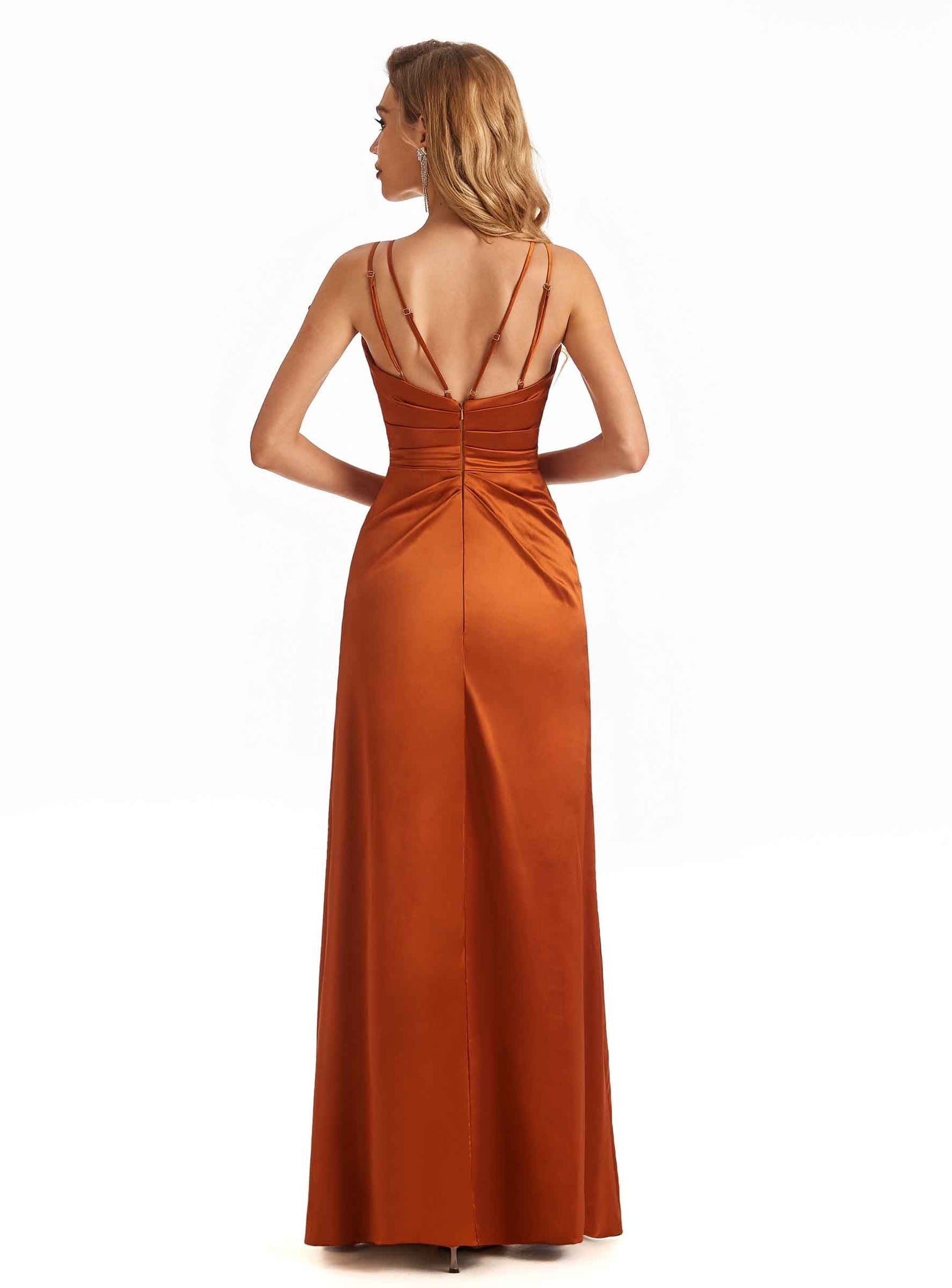 Col en V fente Robes demoiselle d'honneur longues en satin doux ligne A bretelles spaghetti