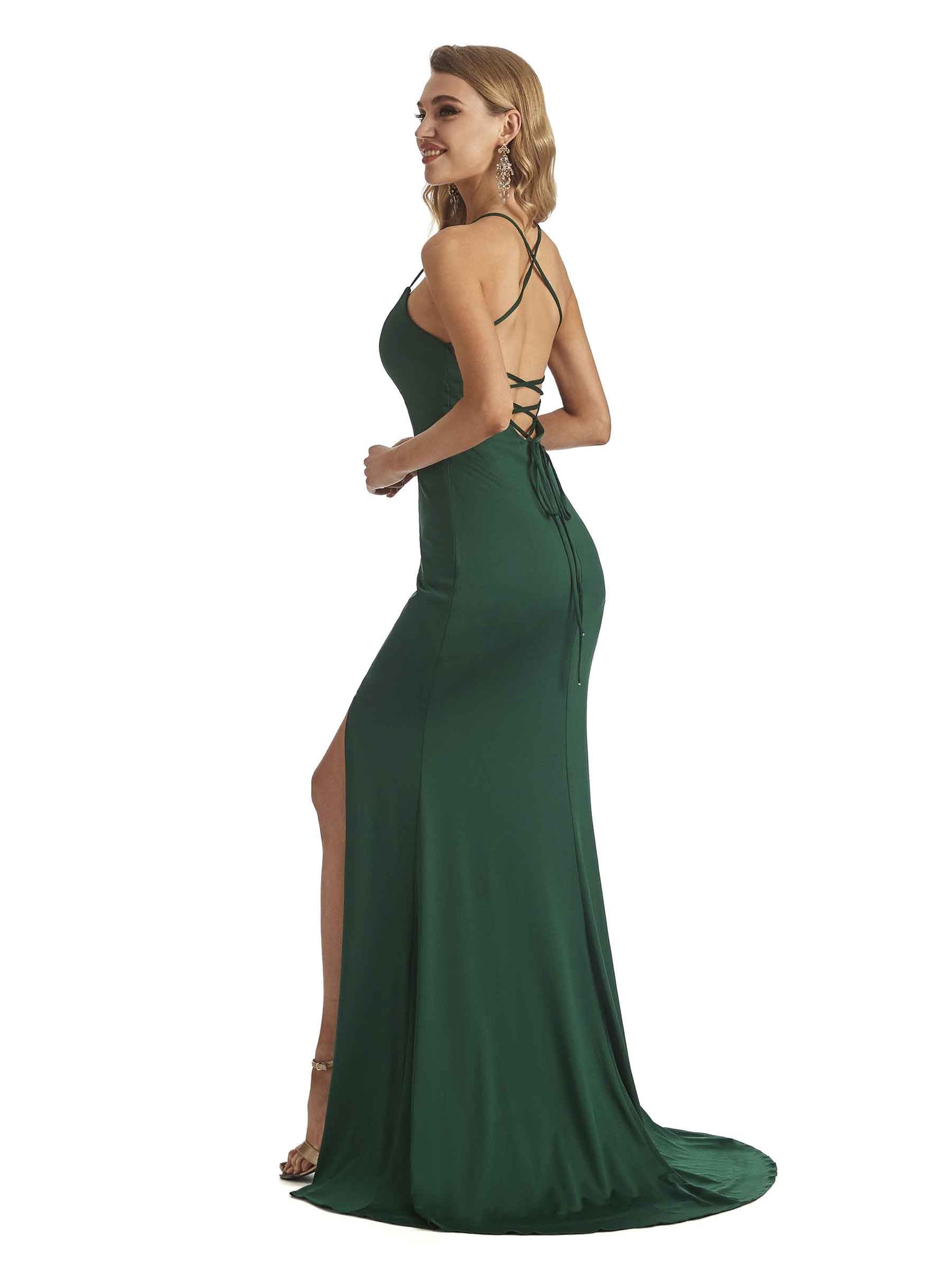 Robes demoiselle d'honneur jersey sexy fente latérale licou longues uniques