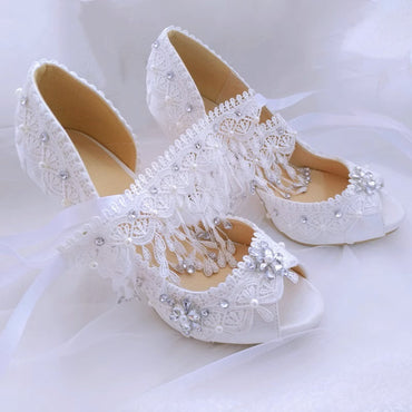 New White Lace Rhinestone Pearl Fish Mouth Wedding Shoes Bridesmaid Banquet Shoes