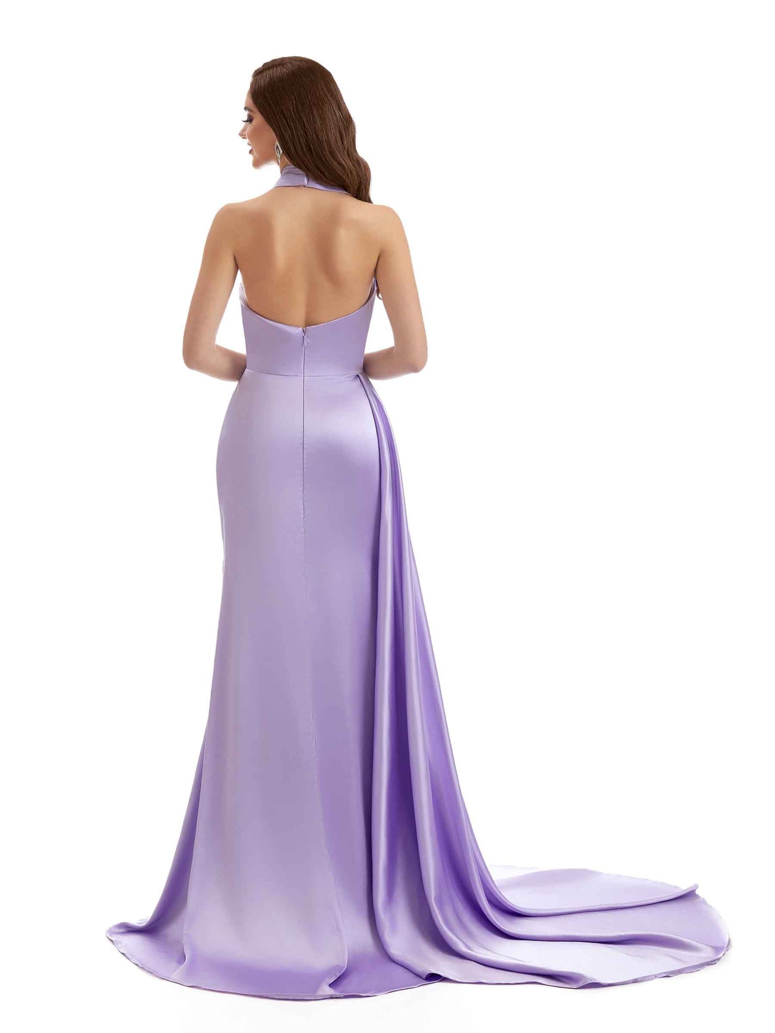 Robe invitée mariage longue en satin doux avec fente col en V pour demoiselle d'honneur