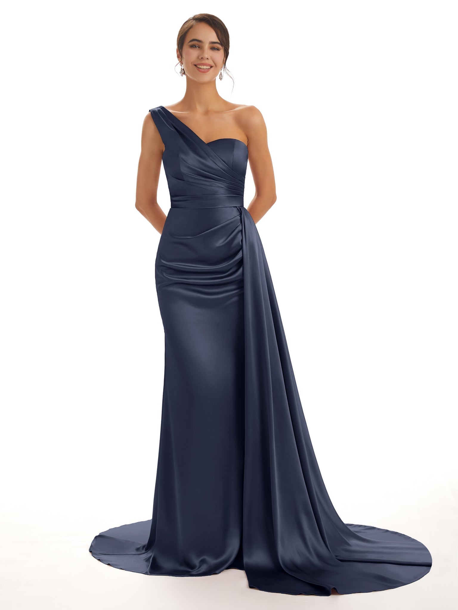Dark-Navy Robes de demoiselle d'honneur longues sirène dépareillées fente sexy
