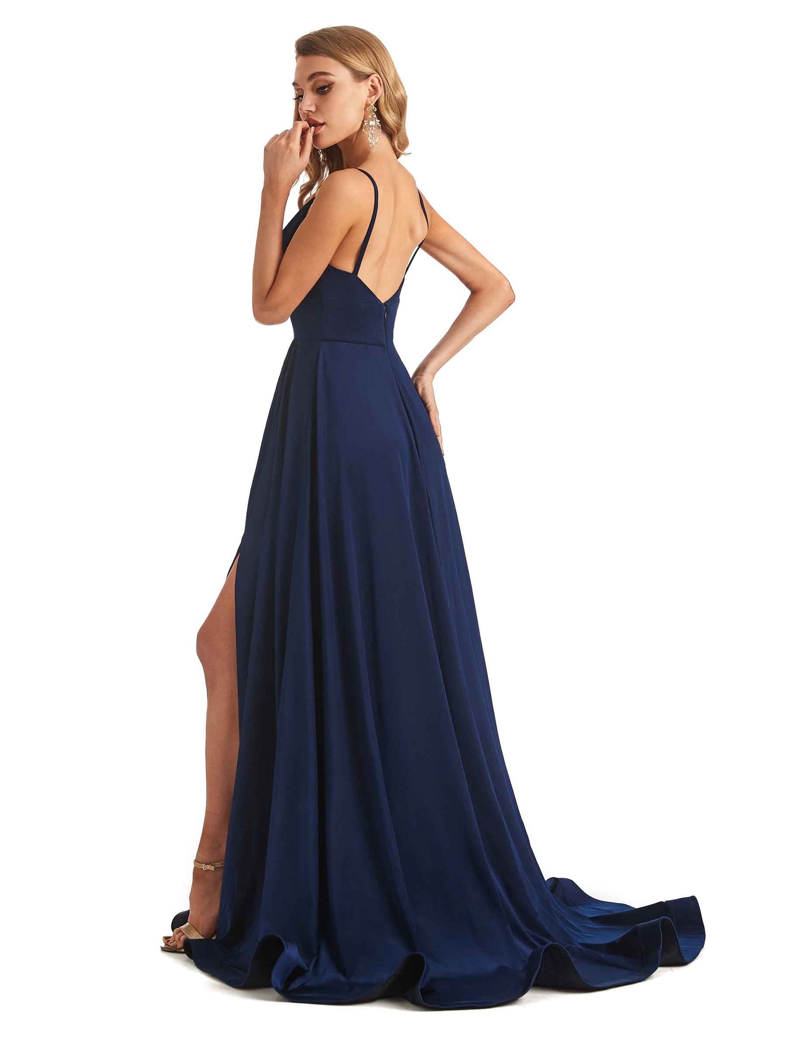 Robes demoiselle d'honneur élégantes Spaghetti ligne A fente latérale Jersey longues