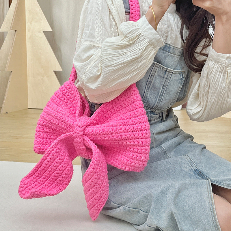 bow shoulder bag hand-woven bag wool material bag crochet homemade underarm bag