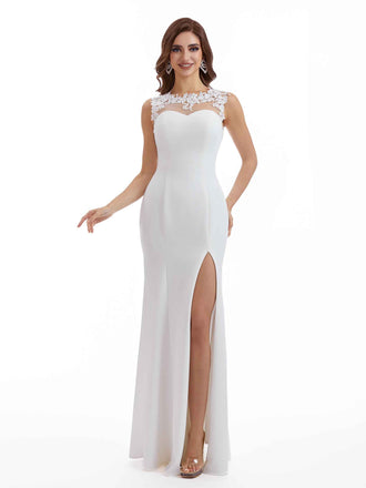 robe invitée mariage longue en crêpe extensible fente en dentelle sexy et illusion de sirène