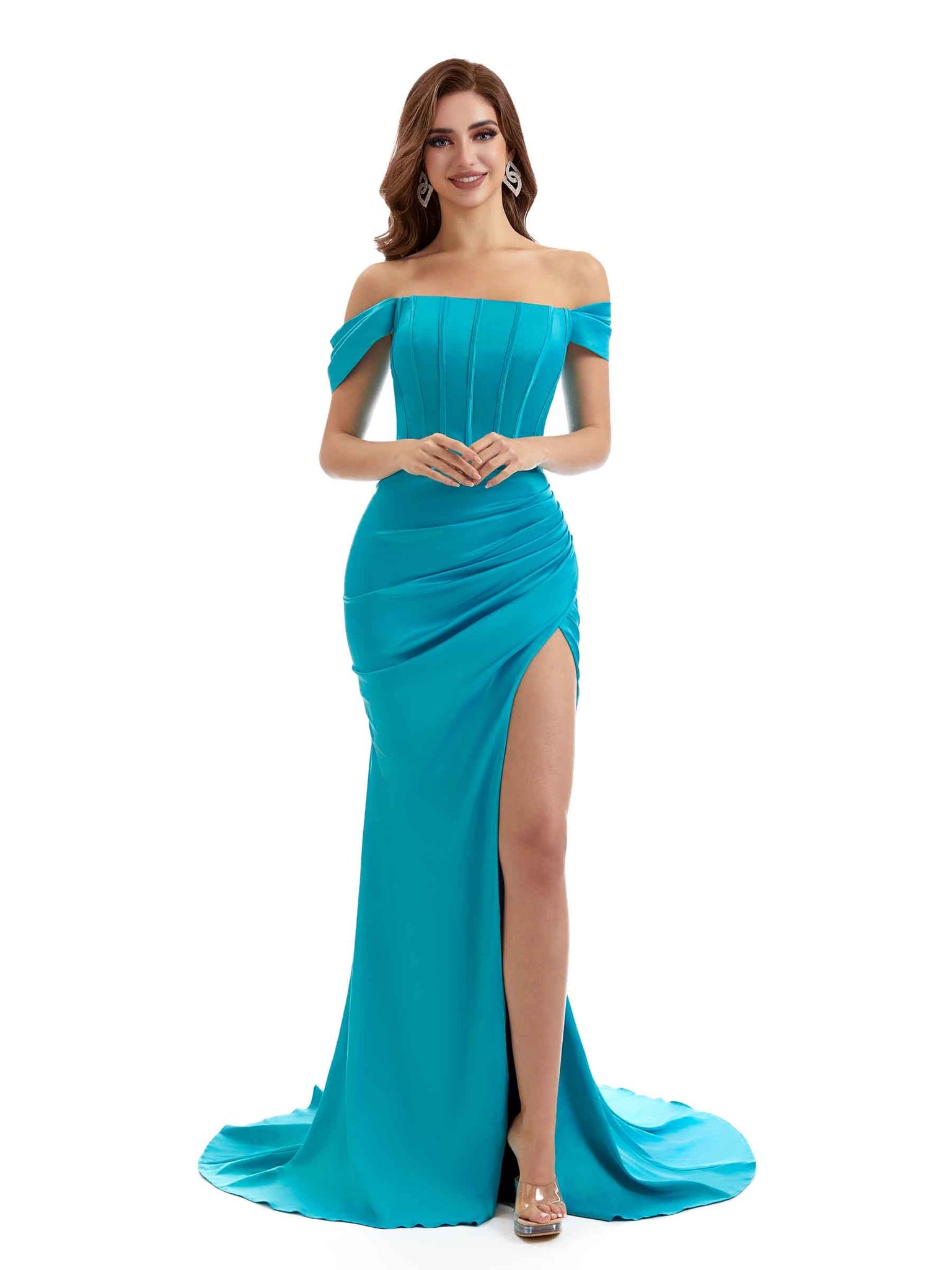 Robe de demoiselle d'honneur longue en satin épaules dénudées fente sexy