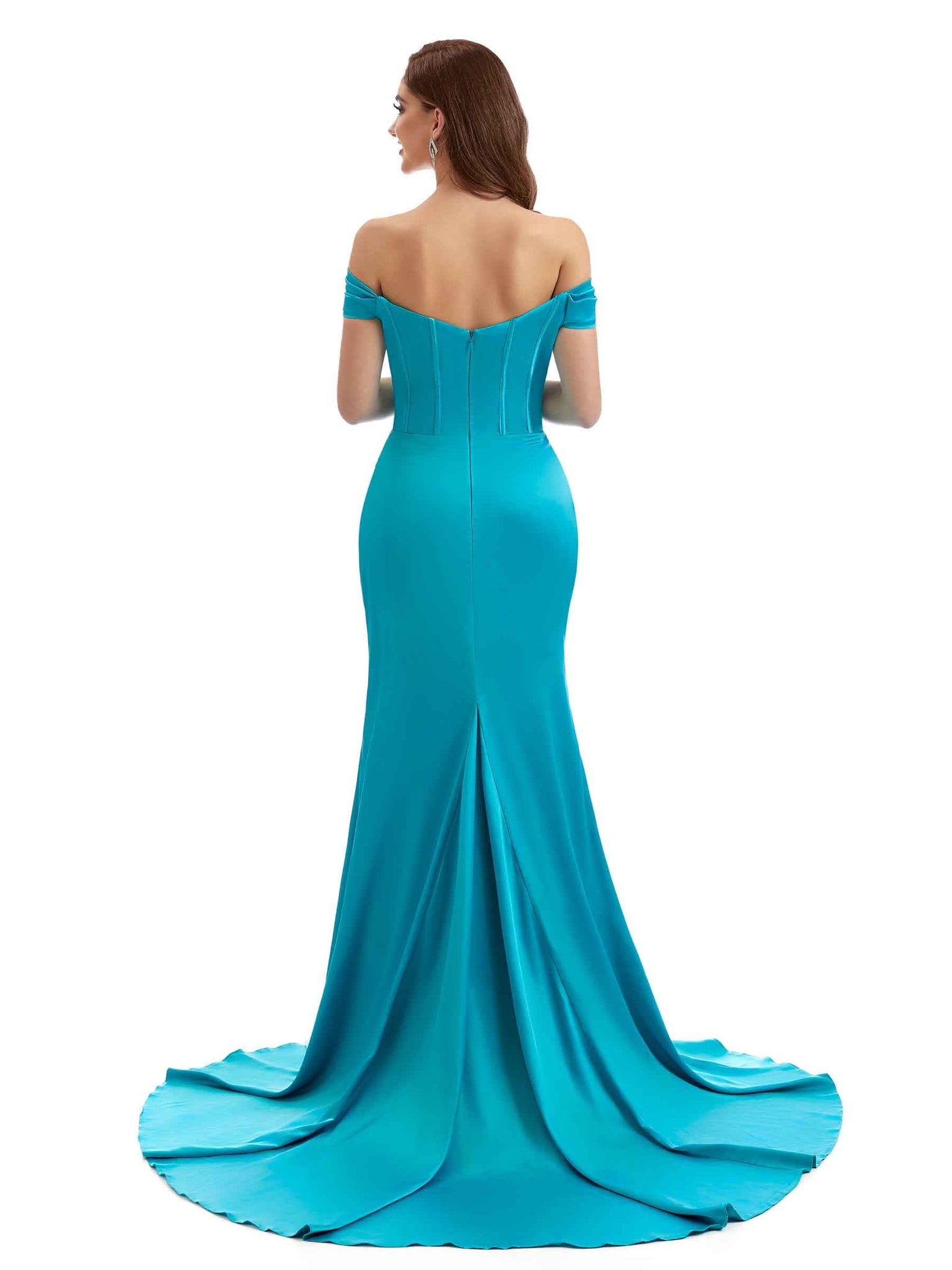 Robe de demoiselle d'honneur longue en satin épaules dénudées fente sexy