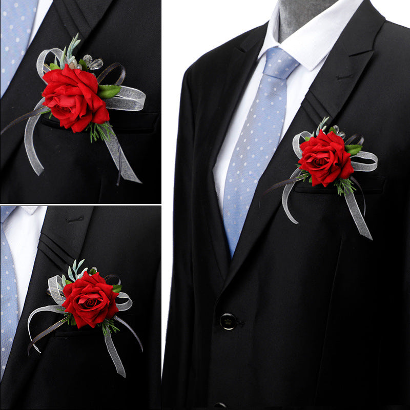 Mori Rose Bride and Groom Wrist Flower Brooch Wedding Sisters Group Hand Flower Groomsmen Group Corsage, CG61480