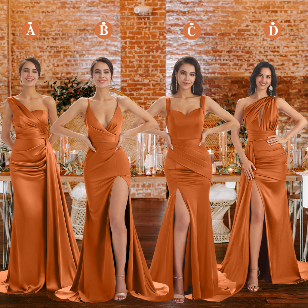 Orange brûlé Robes de demoiselle d'honneur longues en satin doux sirène dépareillées fente sexy