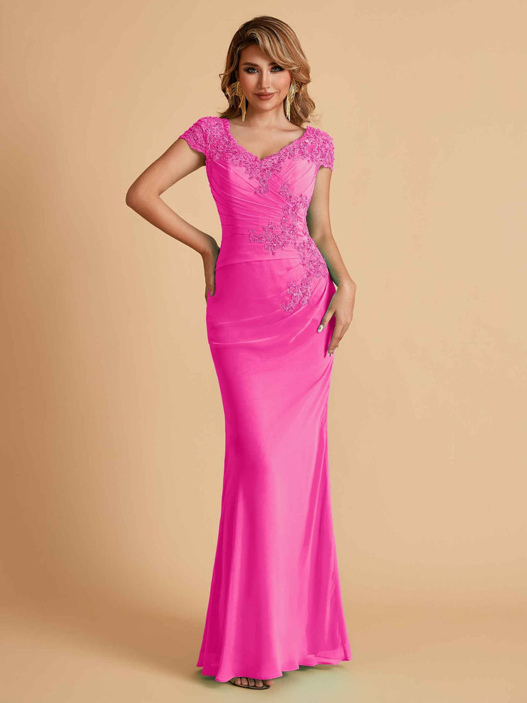 Robe de mère de la mariée col en V élégante en mousseline manches courtes