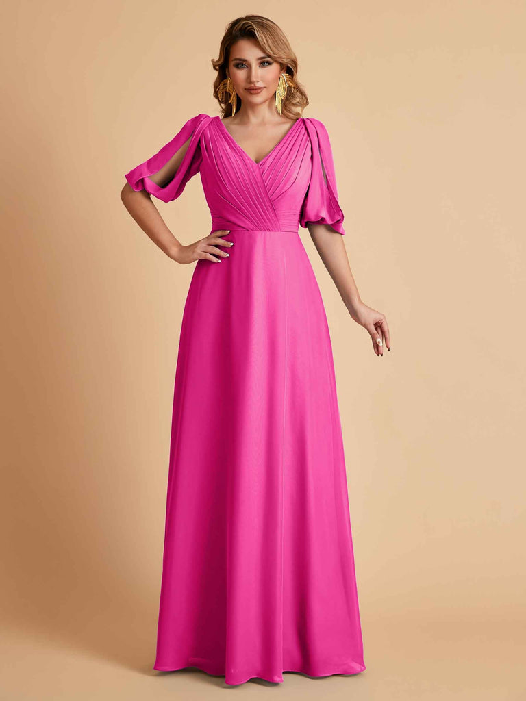 Robes de mère de la mariée élégantes en mousseline de soie manches mi-longues et col en V