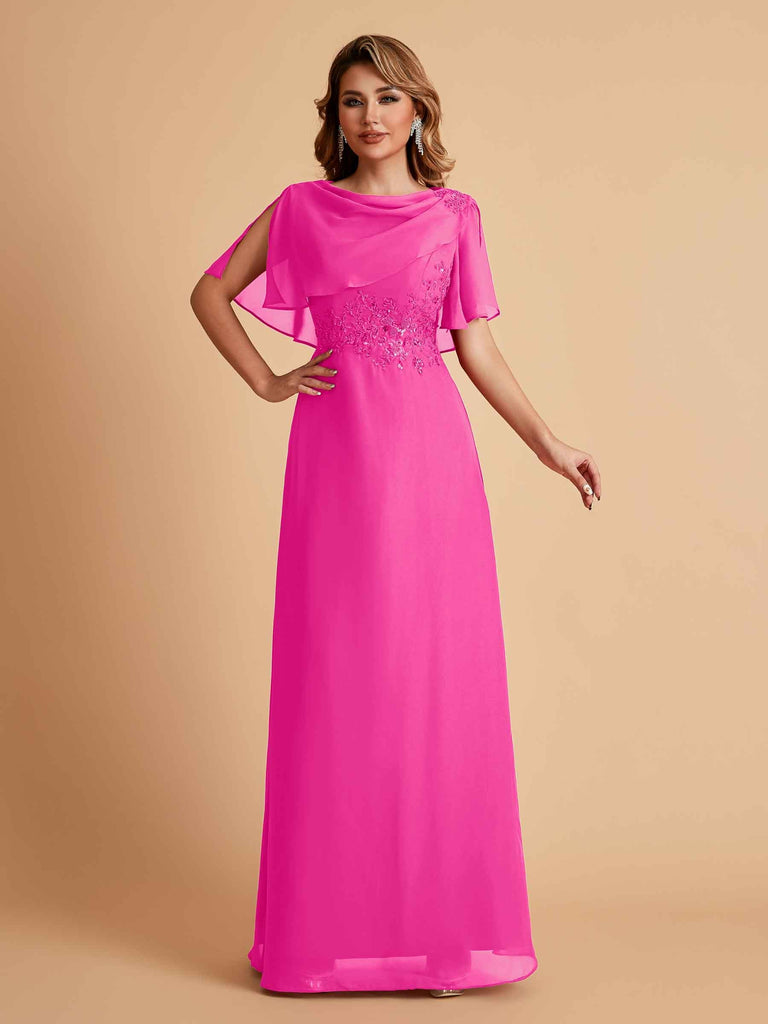 Robes de mère de la mariée en mousseline de soie manches mi-longues et bijoux