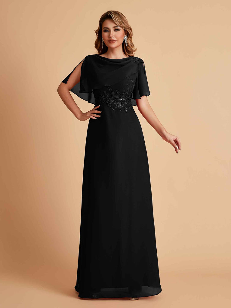 Robes de mère de la mariée en mousseline de soie manches mi-longues et bijoux