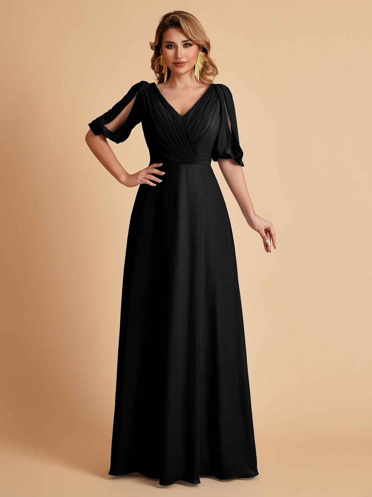 Robes de mère de la mariée élégantes en mousseline de soie manches mi-longues et col en V