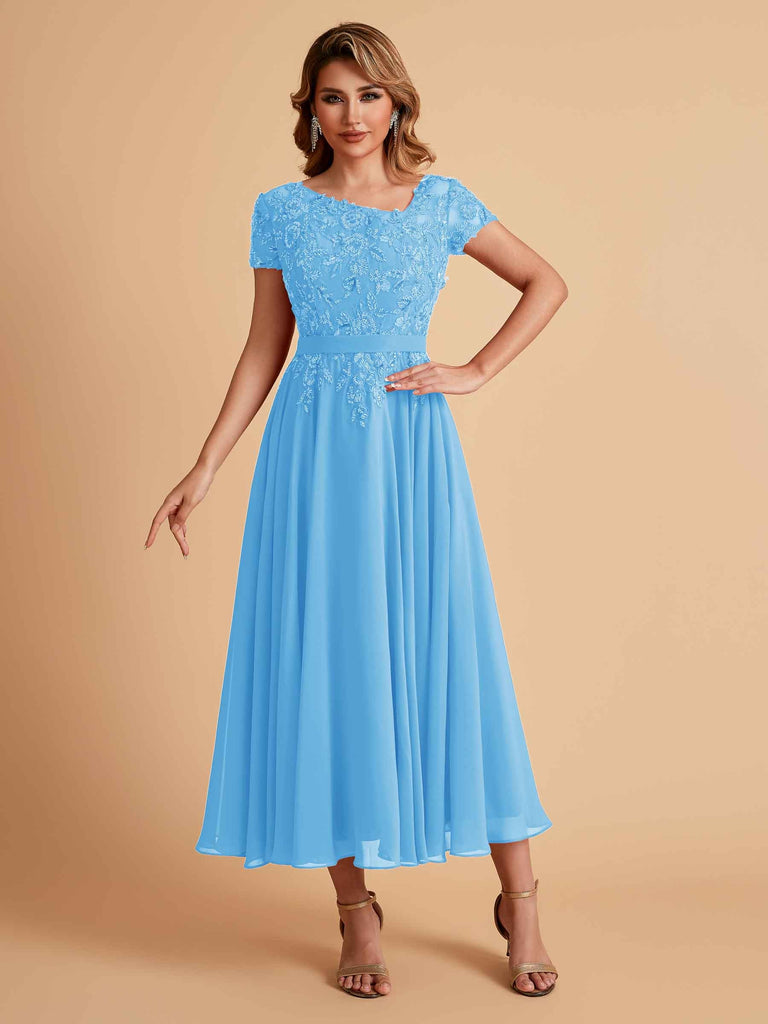 Robes de mère de la mariée coupe trapèze en mousseline à manches courtes