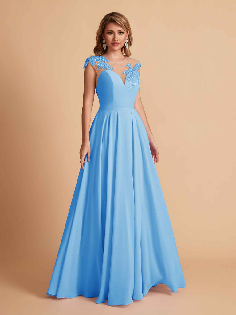 robes d'invitées de mariage en mousseline haut en dentelle illusion col en V