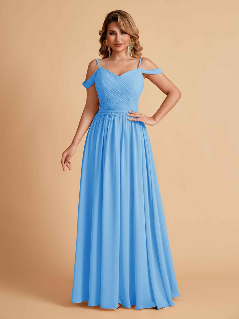 Robe élégante en mousseline trapèze épaules dénudées col en V