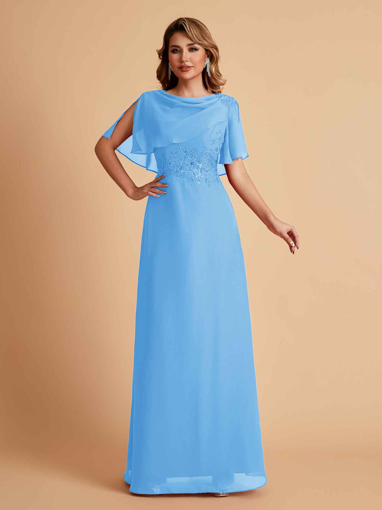 Robes de mère de la mariée en mousseline de soie manches mi-longues et bijoux