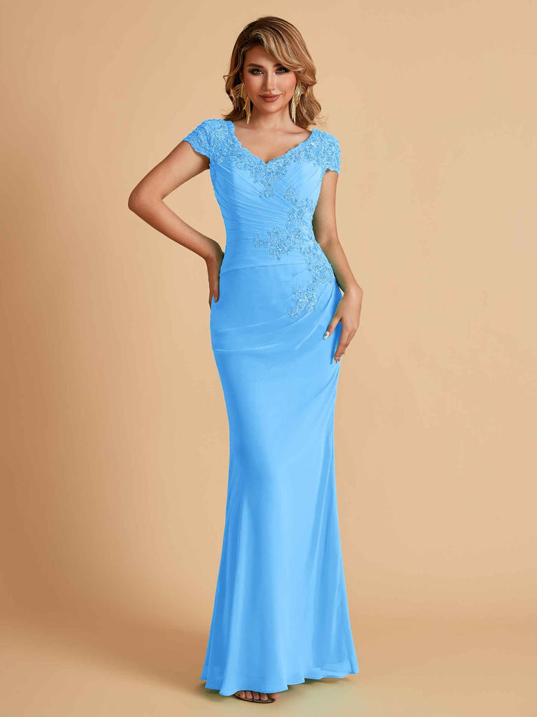 Robe de mère de la mariée col en V élégante en mousseline manches courtes