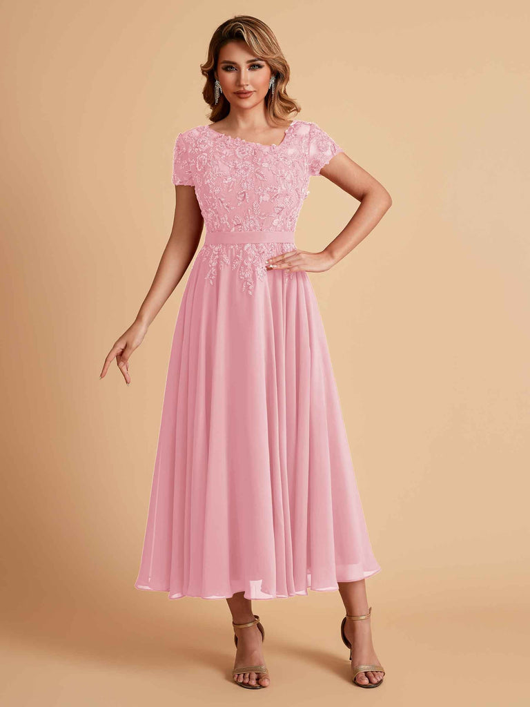 Robes de mère de la mariée coupe trapèze en mousseline à manches courtes