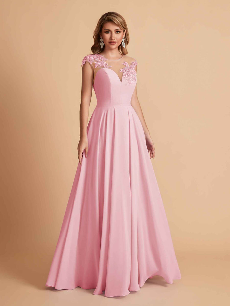 robes d'invitées de mariage en mousseline haut en dentelle illusion col en V