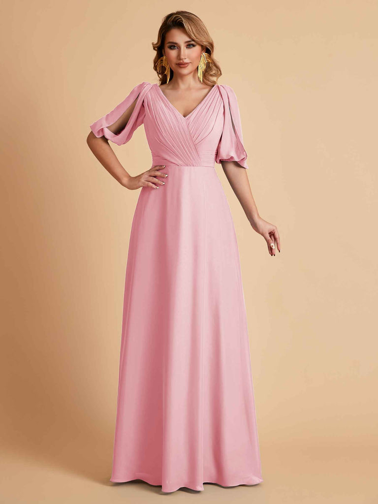 Robes de mère de la mariée élégantes en mousseline de soie manches mi-longues et col en V