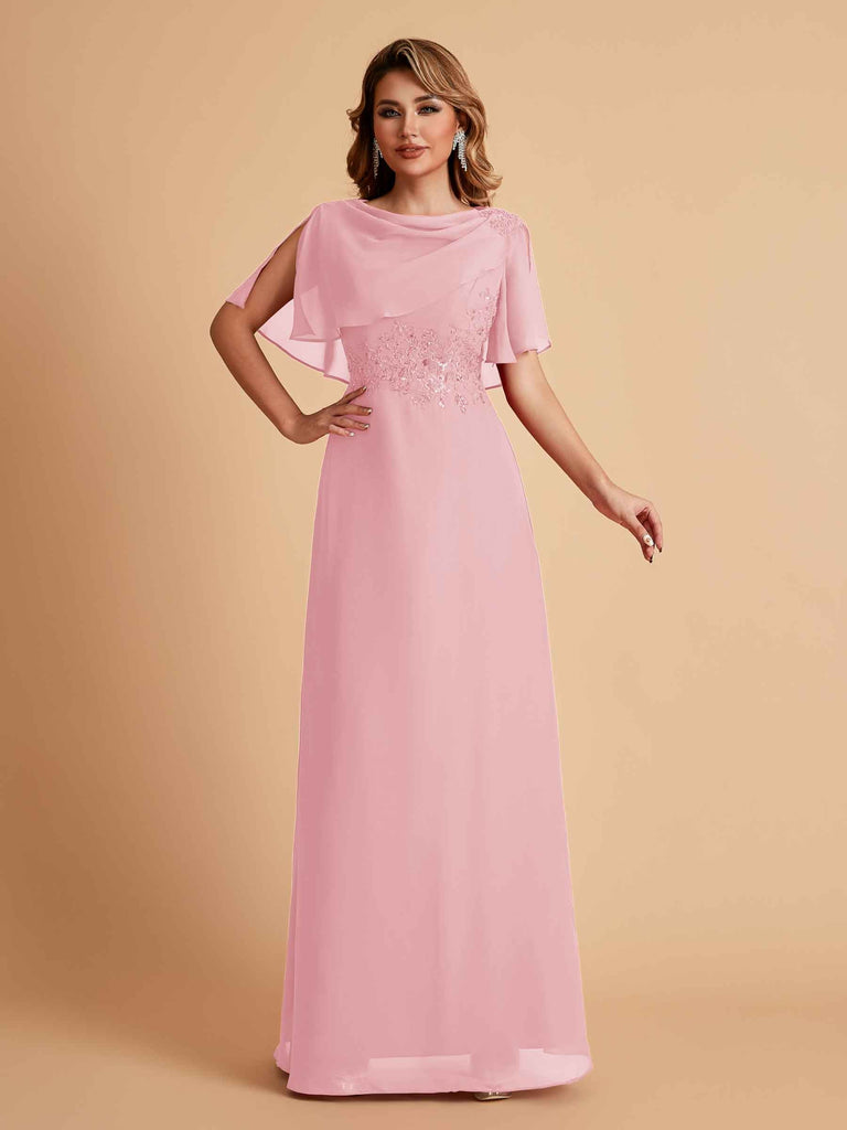 Robes de mère de la mariée en mousseline de soie manches mi-longues et bijoux