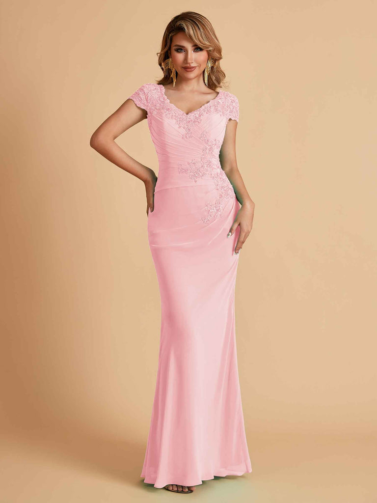 Robe de mère de la mariée col en V élégante en mousseline manches courtes
