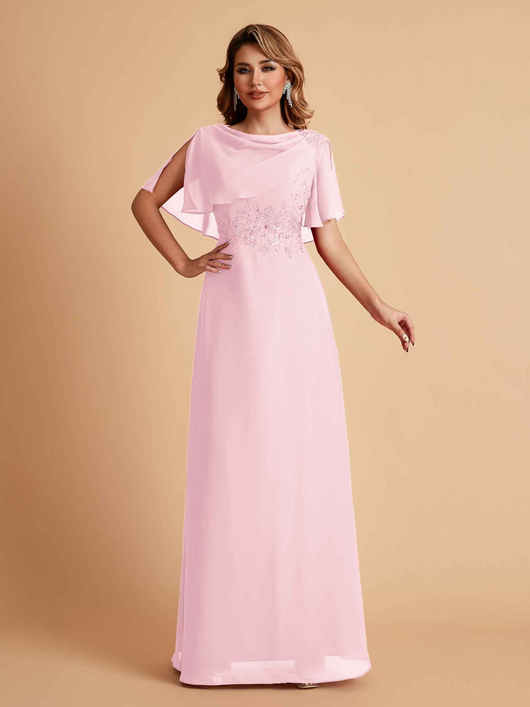 Robes de mère de la mariée en mousseline de soie manches mi-longues et bijoux