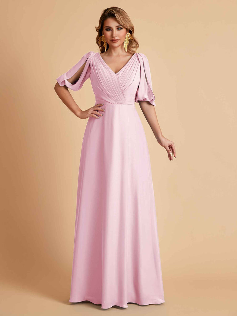 Robes de mère de la mariée élégantes en mousseline de soie manches mi-longues et col en V