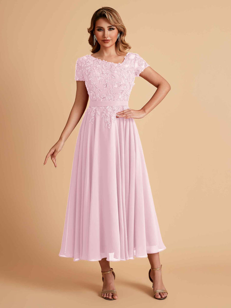 Robes de mère de la mariée coupe trapèze en mousseline à manches courtes