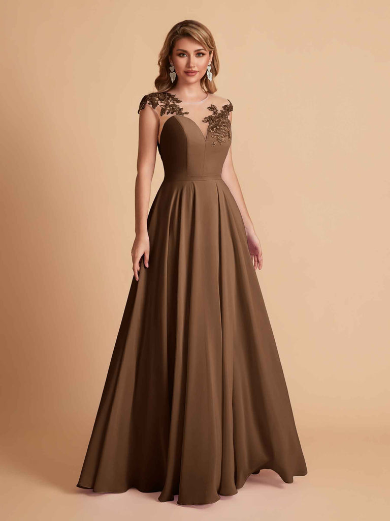 robes d'invitées de mariage en mousseline haut en dentelle illusion col en V