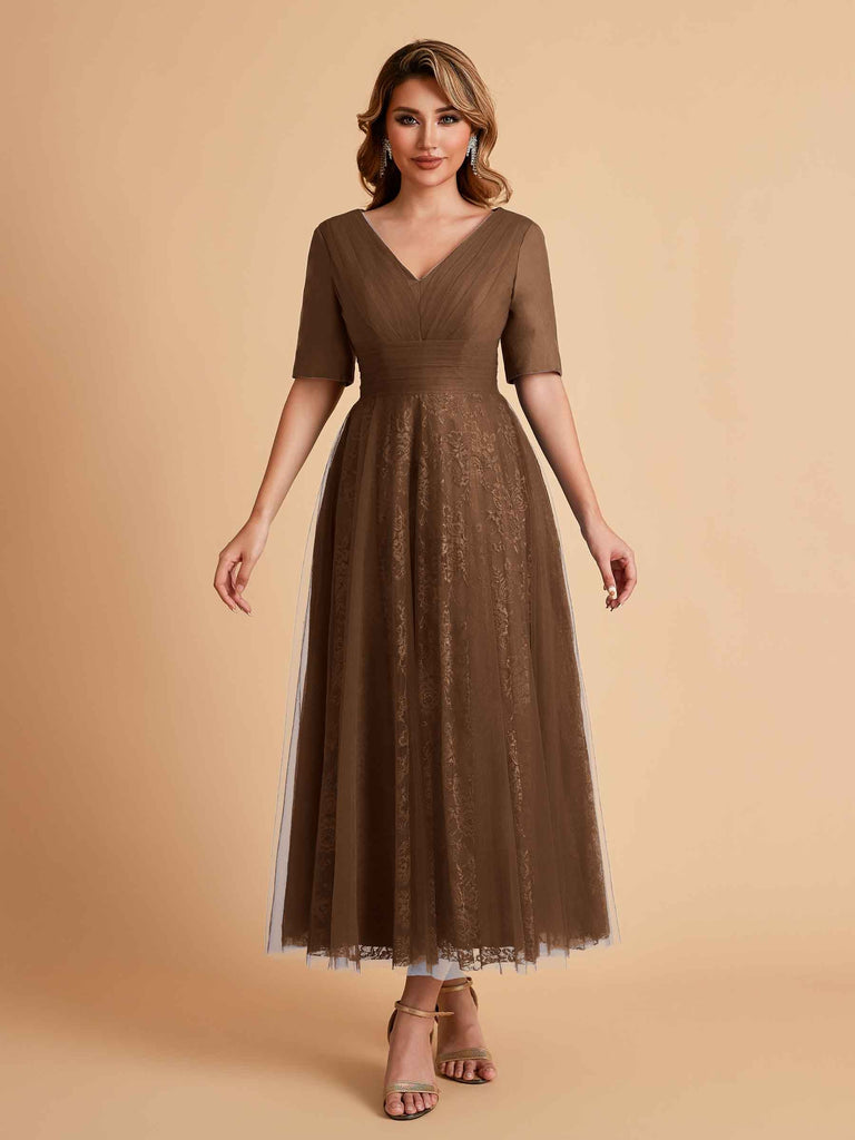 Robes de mère de la mariée élégantes manches mi-longues et col en V