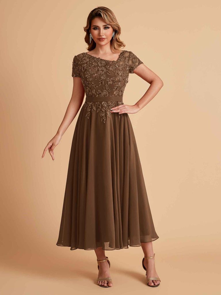 Robes de mère de la mariée coupe trapèze en mousseline à manches courtes