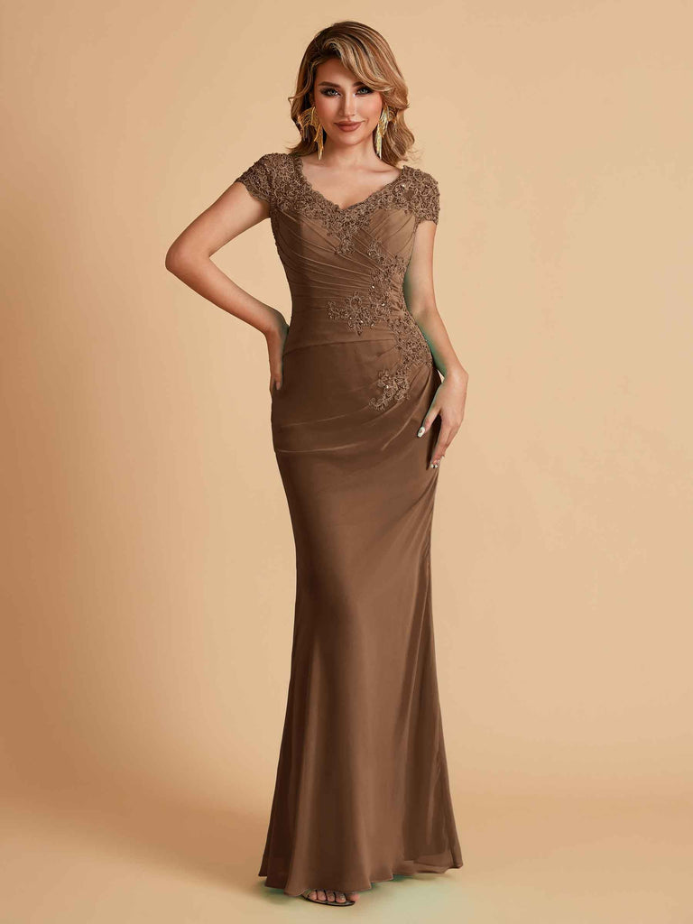 Robe de mère de la mariée col en V élégante en mousseline manches courtes