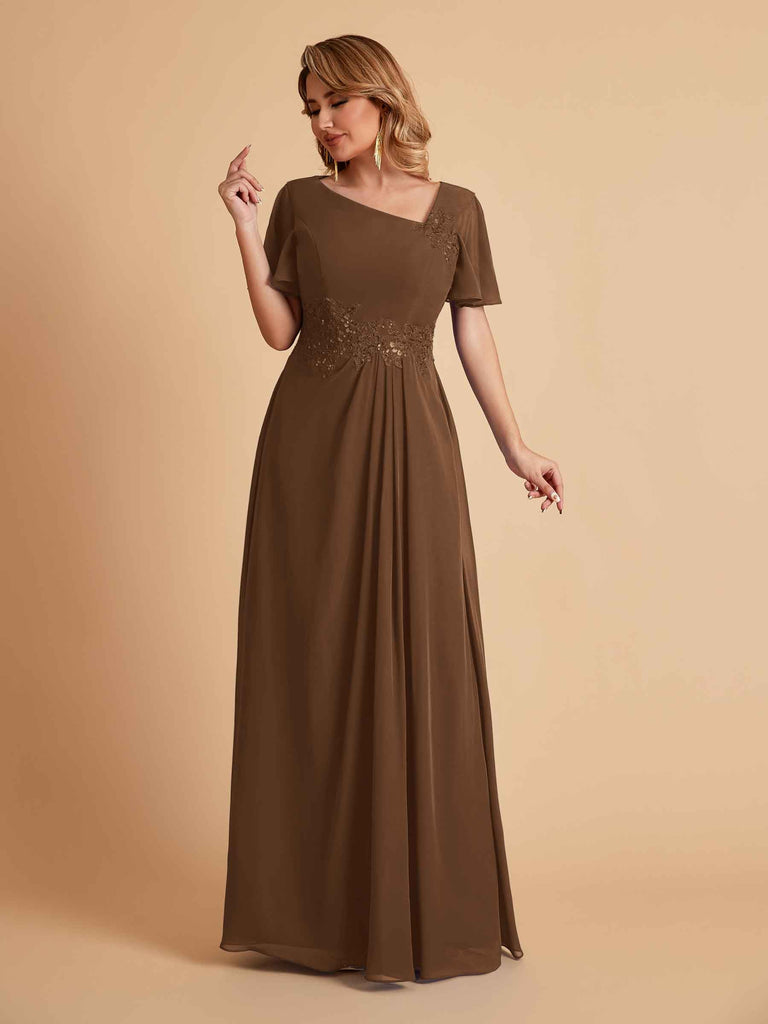 Robes de mère de la mariée élégantes coupe trapèze manches courtes et col en V