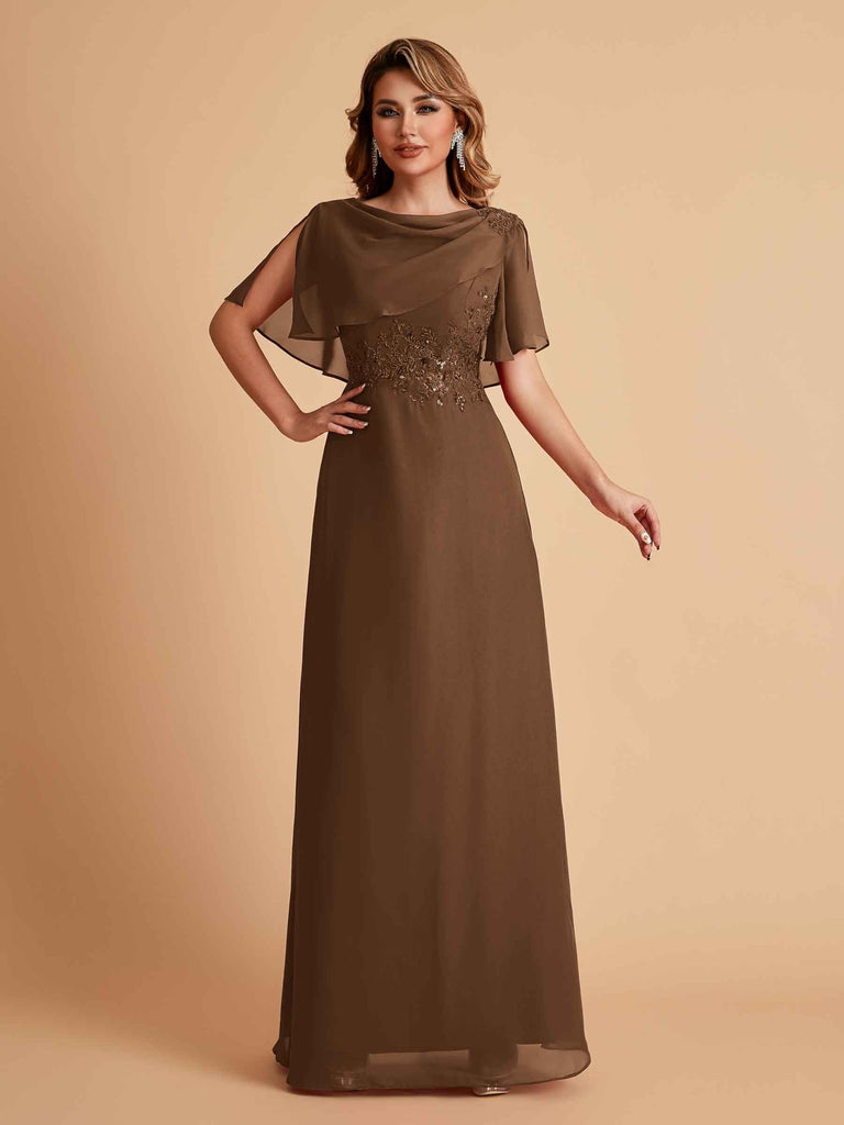 Robes de mère de la mariée en mousseline de soie manches mi-longues et bijoux