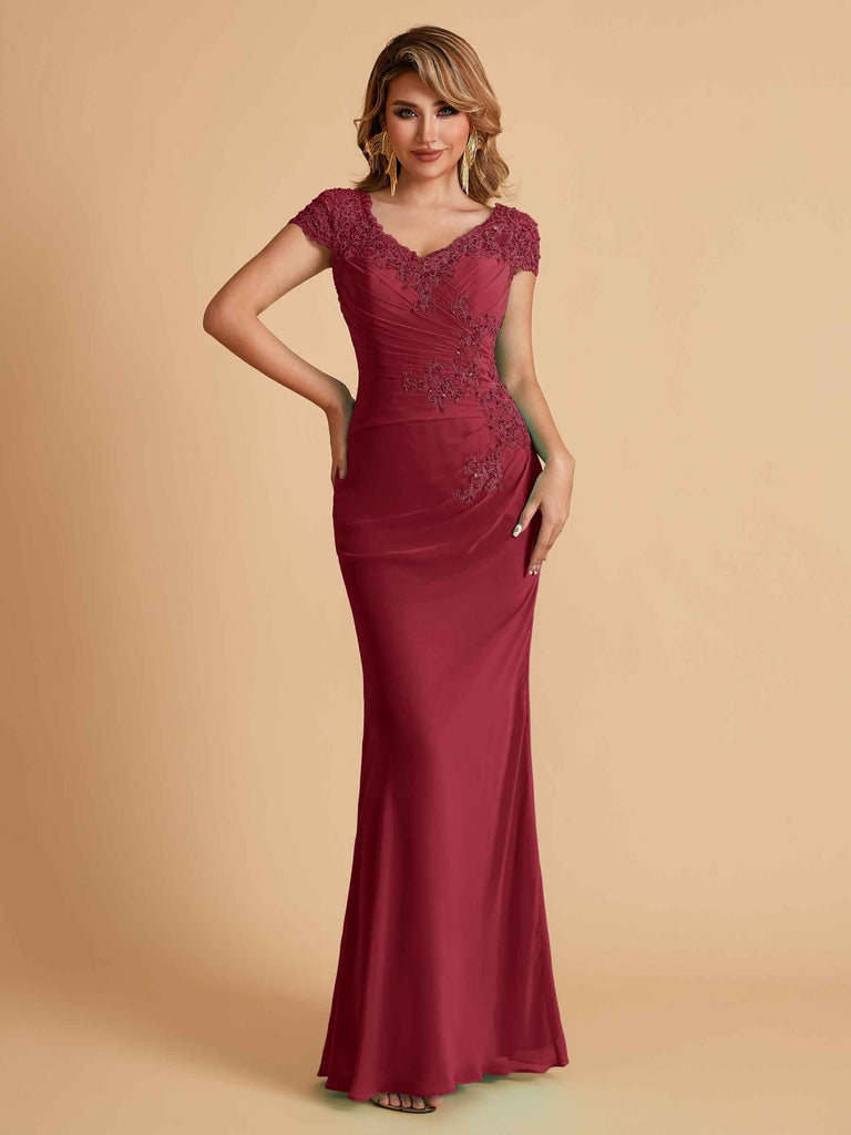 Robe de mère de la mariée col en V élégante en mousseline manches courtes