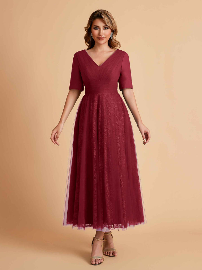 Robes de mère de la mariée élégantes manches mi-longues et col en V