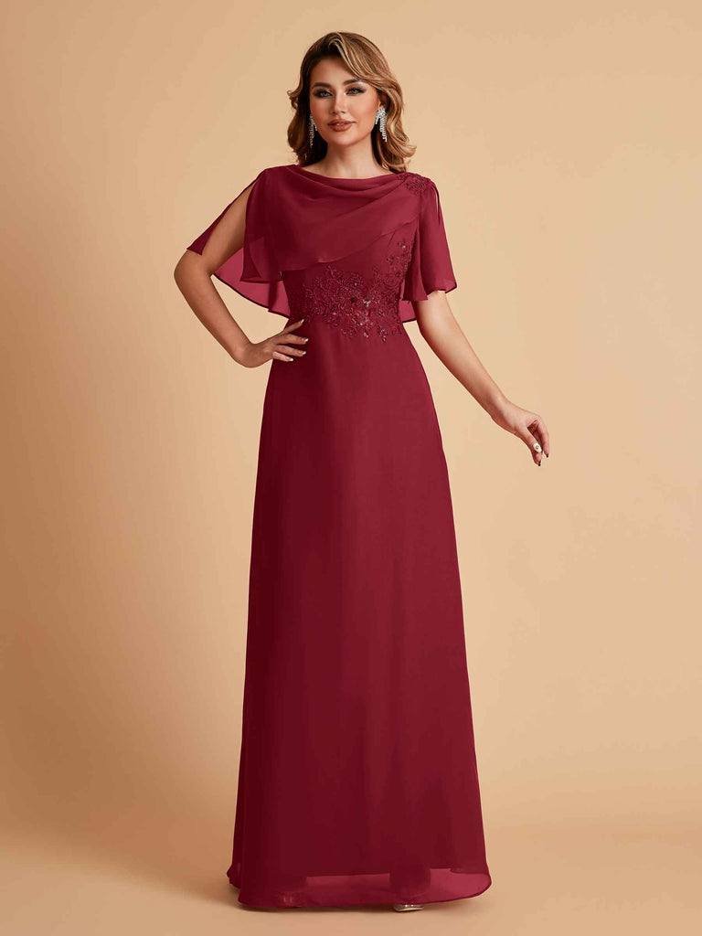 Robes de mère de la mariée en mousseline de soie manches mi-longues et bijoux